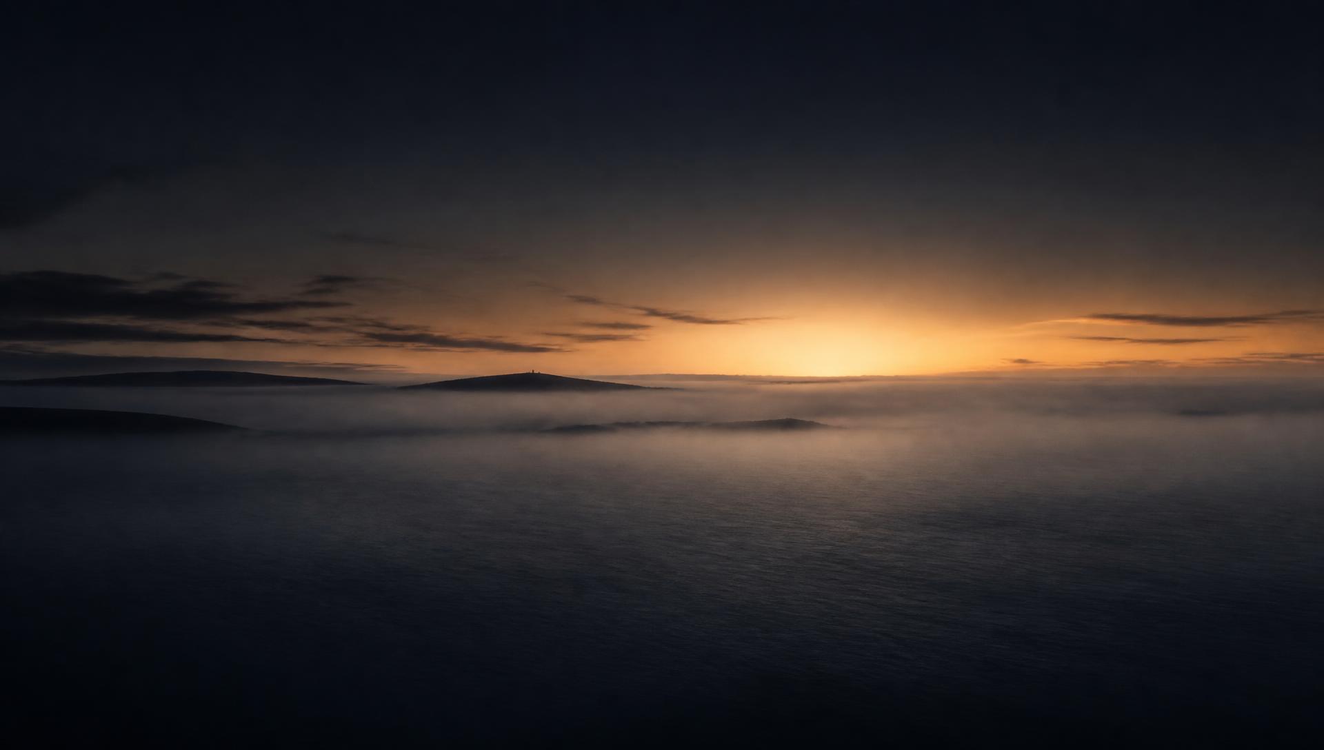 Layered fog over dark water beneath a first-light horizon
