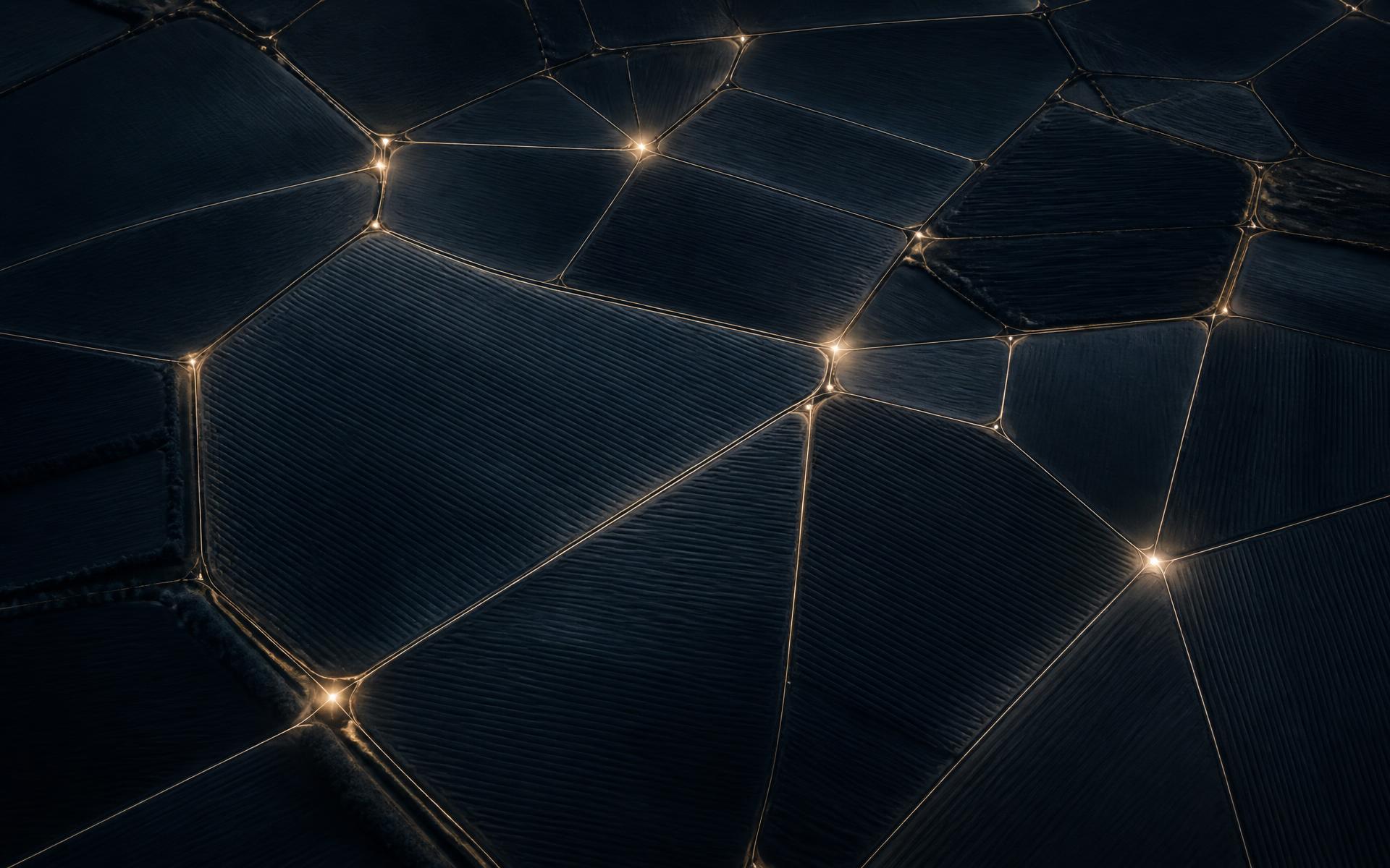 Aerial view of agricultural parcels joined by faint luminous lines into one network