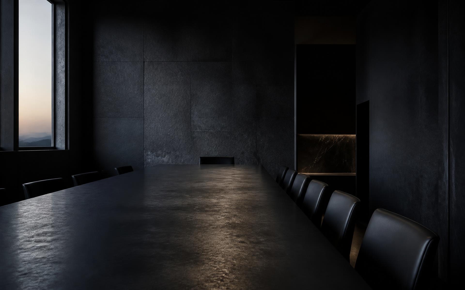 Long dark stone meeting table lit by soft dawn light from a single window