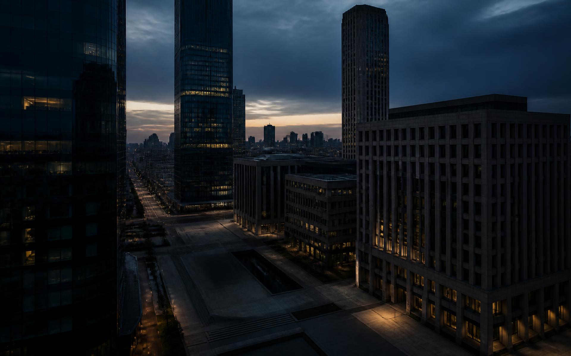 Modern business district at dusk seen from above, empty plaza between towers