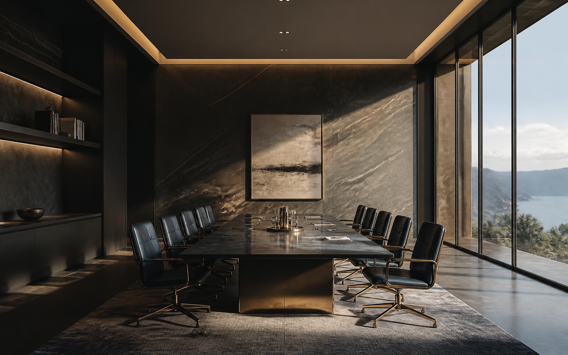 Dark stone and glass meeting room with natural light across the walls