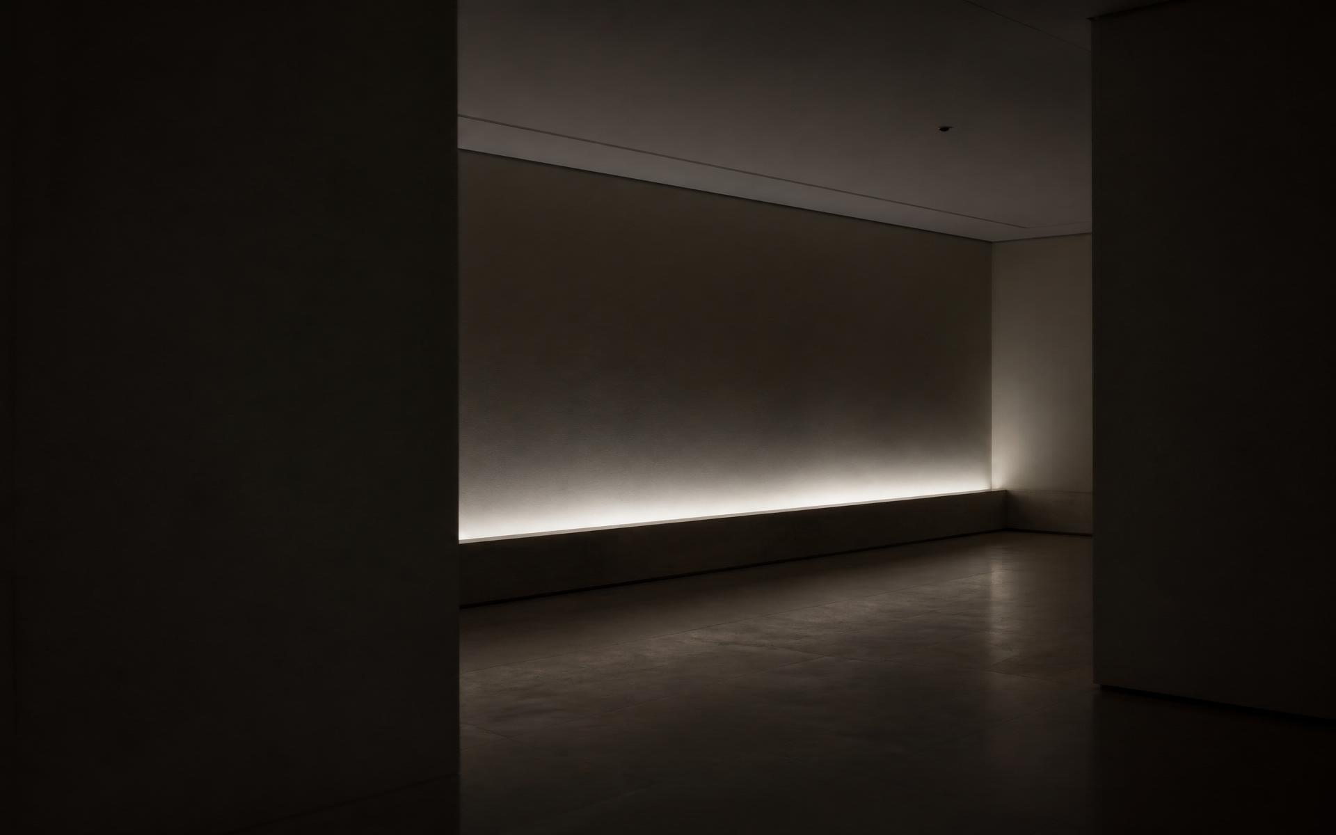 Empty dark gallery interior lit by a soft band of light along a far wall