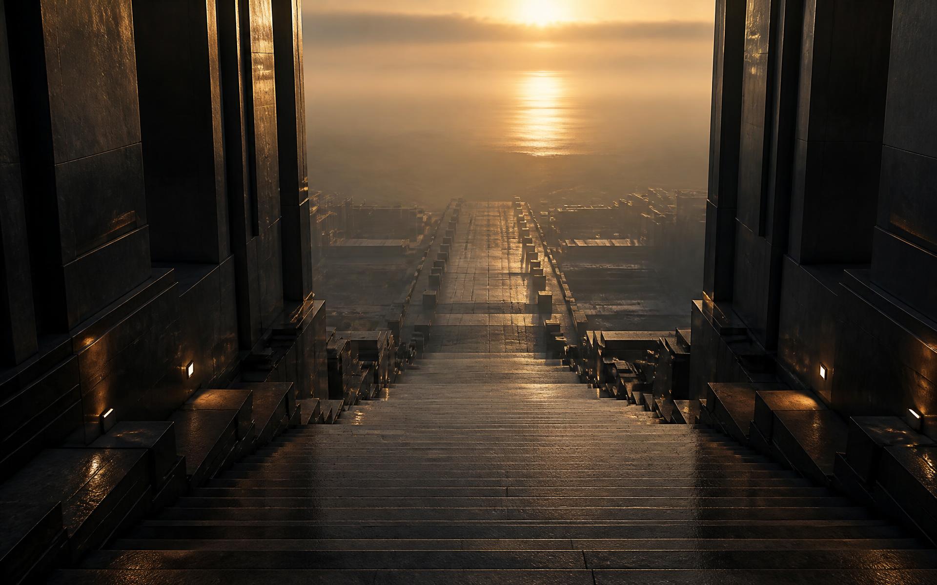 Monumental stone stair descending toward a warm horizon in fog