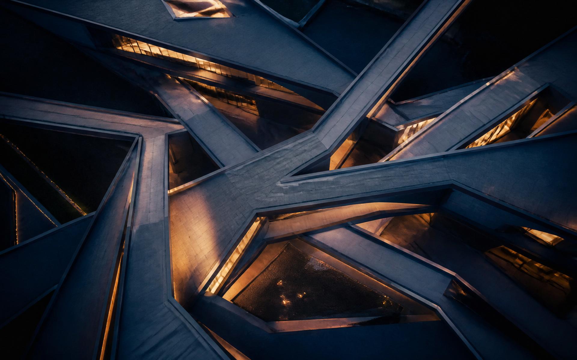 Aerial view of interlocking walkways forming a connected geometric network at dusk