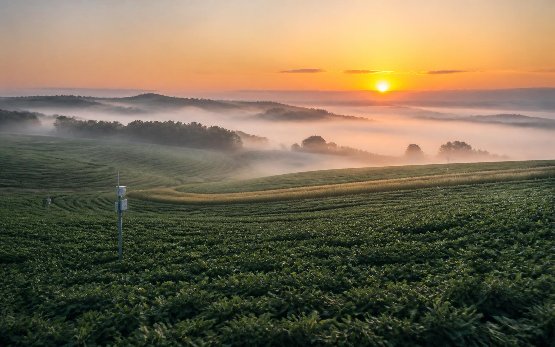 Cultivated fields stretching to a soft horizon in early morning light