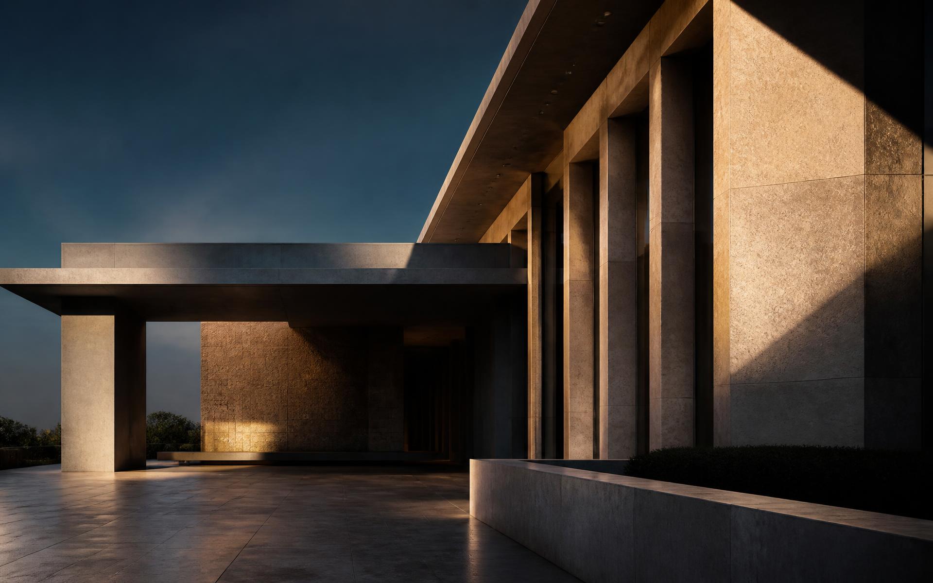 Monumental concrete façade meeting open sky at dusk